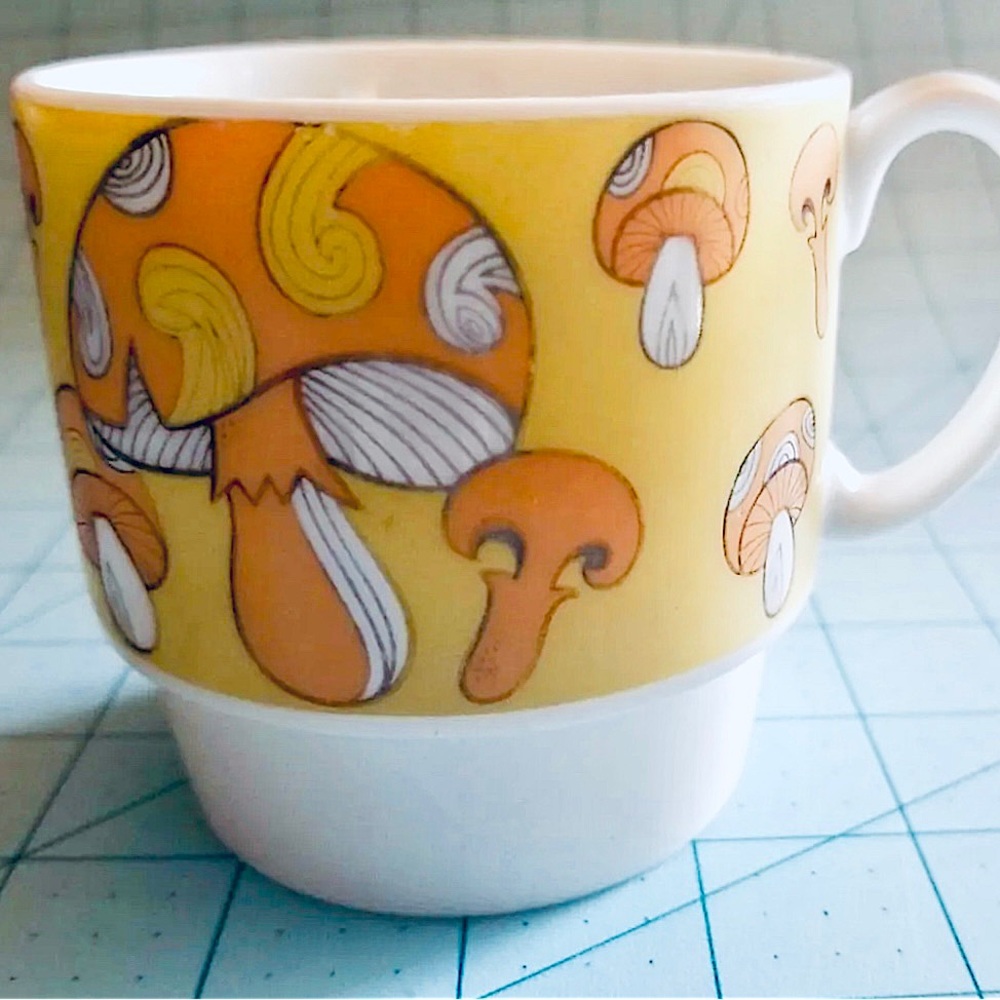 Vintage Stackable Yellow Mushroom Mug, Retro Kitchen